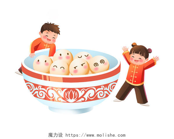 彩色手绘卡通新年春节习俗元宵节汤圆美食人物元素PNG素材